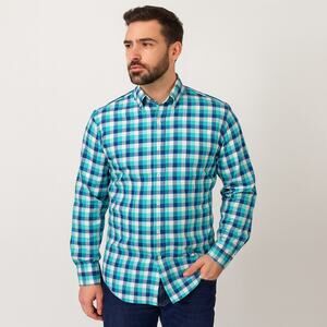 TailorByrd Trim Fit Non-Iron Plaid Shirt 16.5 34/35 Blue Green Cotton
